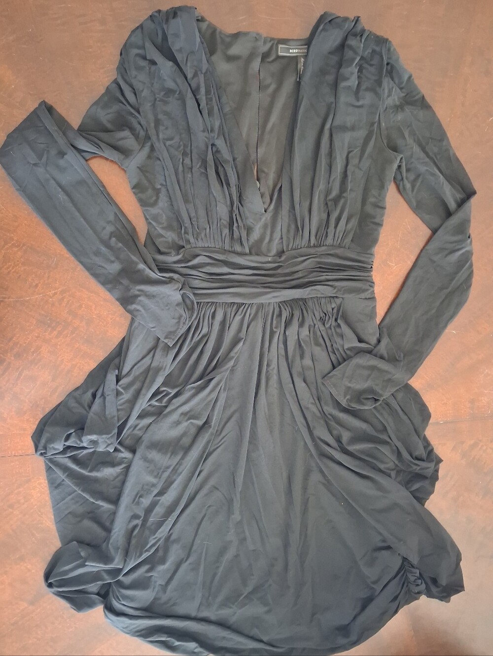 BCBGMaxAzria Black Draped Long-Sleeve Ruched-Waist Dress